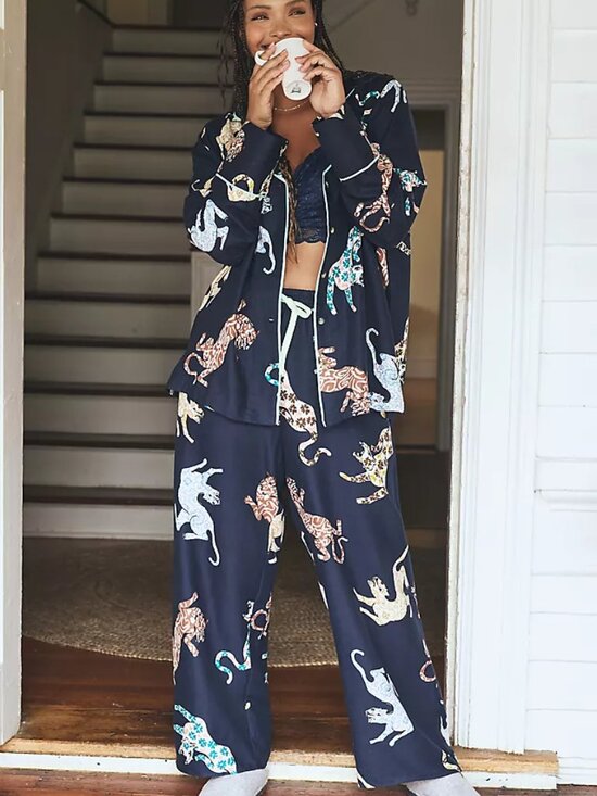 Anthropologie Other - By Anthropologie Leopard Print Flannel Buttondown Pyjama Pants Set